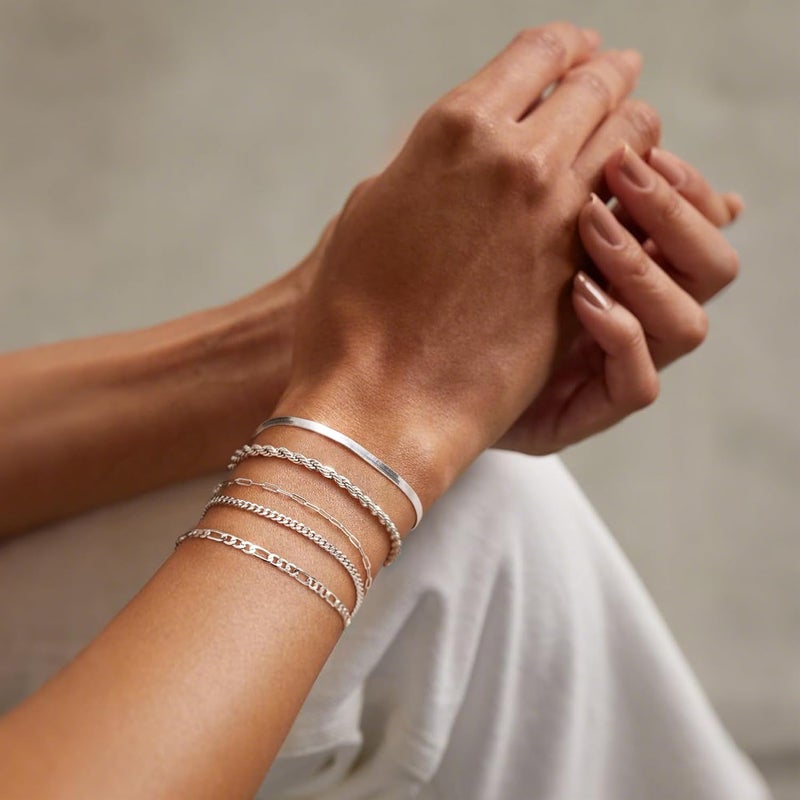 Krfy 5/6Pcs Gold Plated Bracelets for Women Trendy, S925 Plated Silver Bracelet Stack, Non Tarnish Waterproof Bracelets for Women, Paperclip Herringbone Figaro Cuban Twist Chains, Size 6.5''+2'' - Image 3